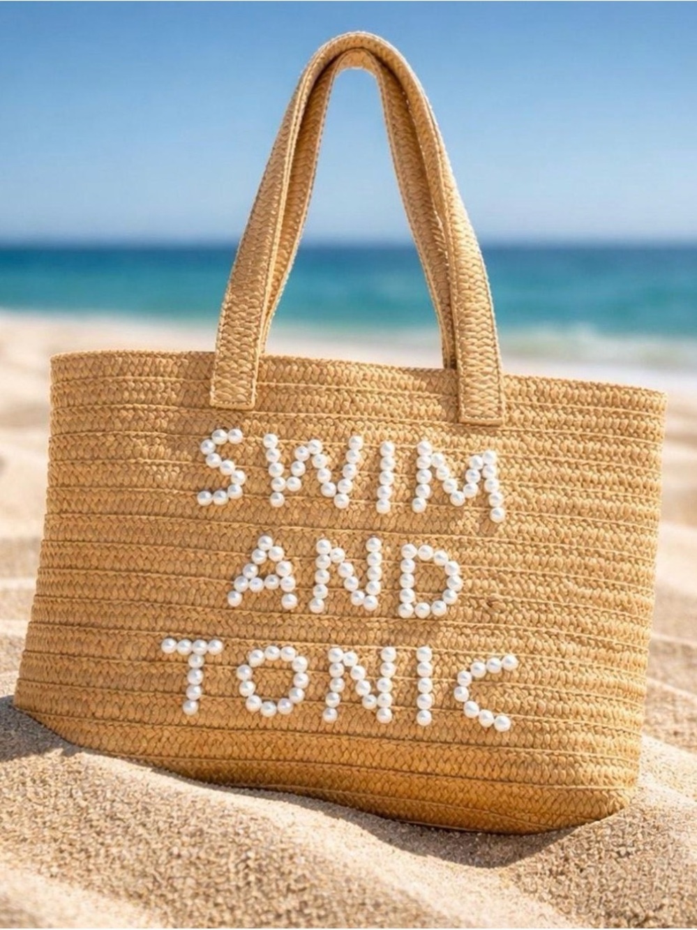 Urban Expressions Natural Straw Kids Tote with White Pearl Lettering